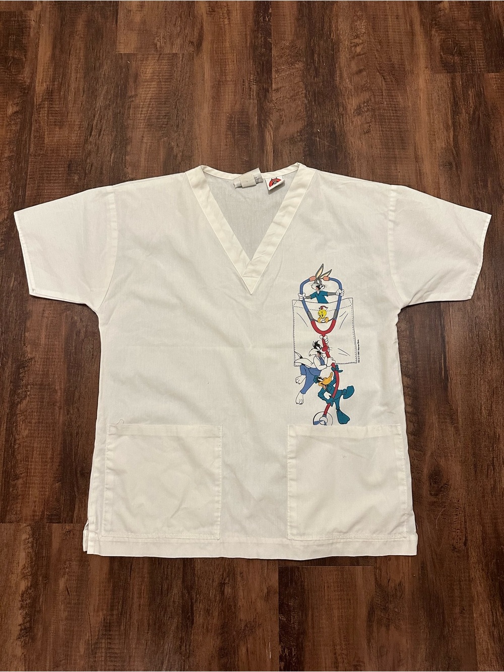 90s Vintage White Cartoon Character Medical Scrub Top